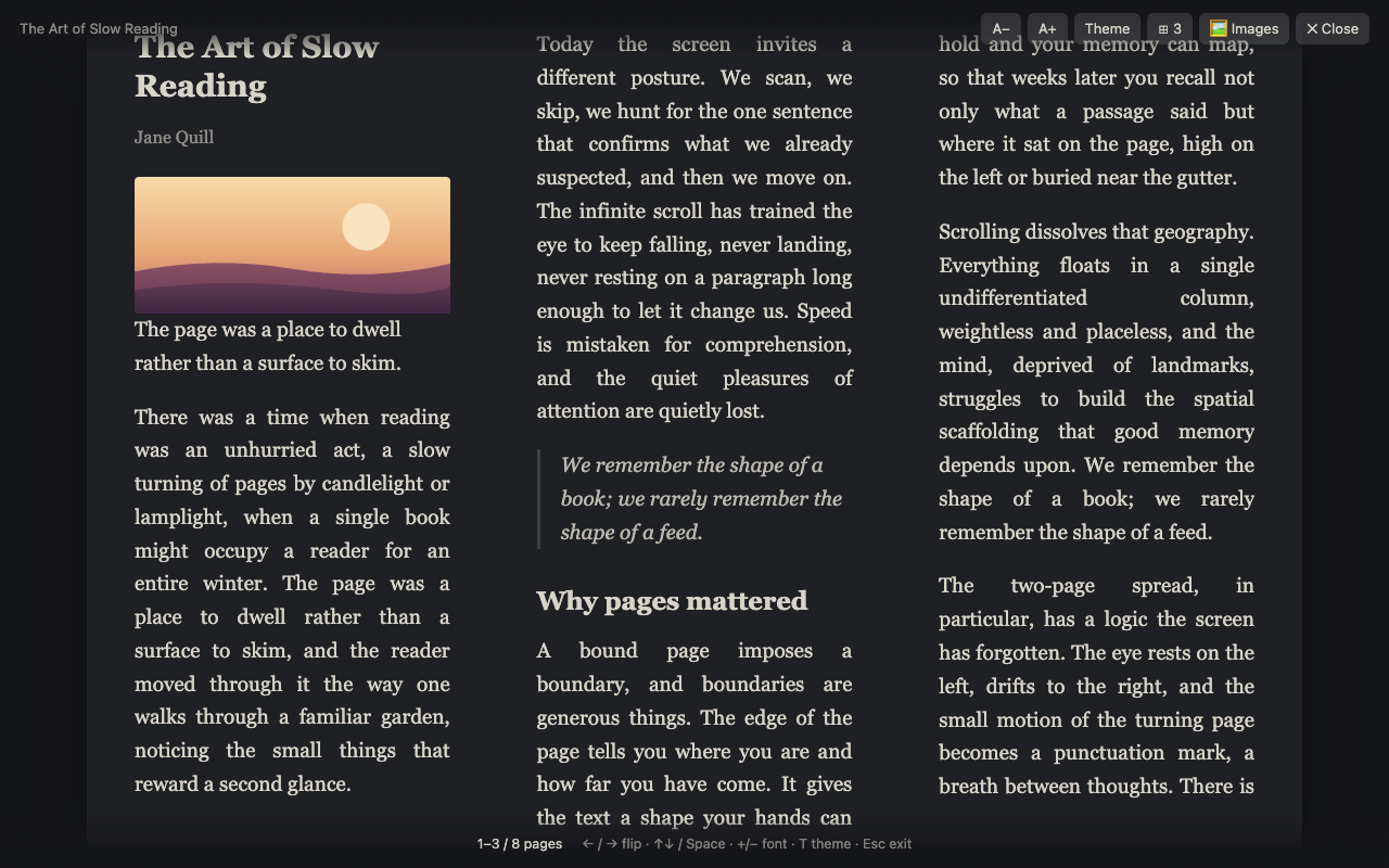 Dark theme, three columns per spread